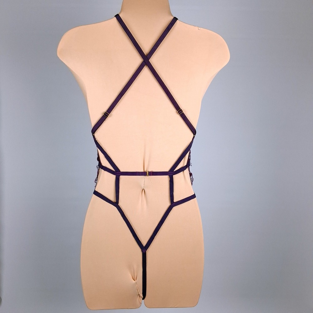 Women's Purple Floral Lace Halter Teddy Bodysuit Strappy Cutout - Picture 4 of 4